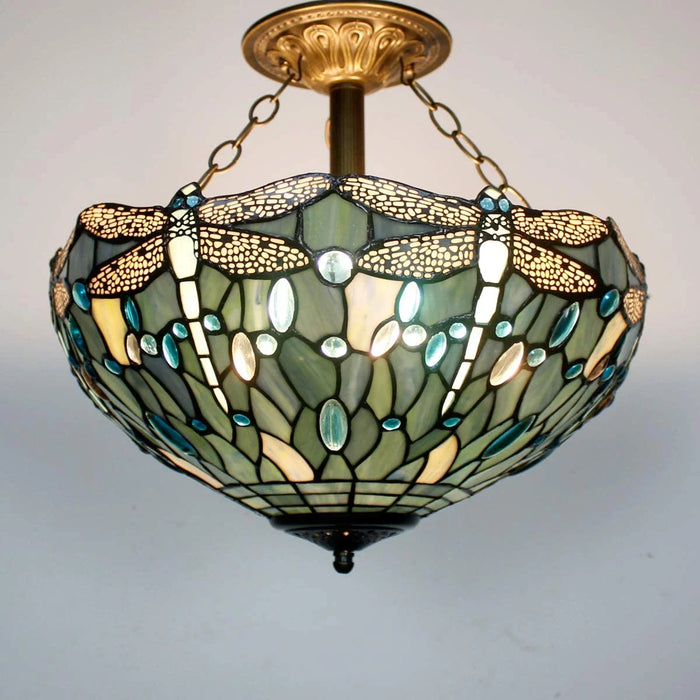 Tiffany Ceiling Light Fixture Semi Flush Mount 16" Sea Blue Stained Glass Dragonfly Shade Close to Dome Island Boho Hanging Lamp Decor Bedroom Kitchen Dining Living Room Entry Foyer Hallway