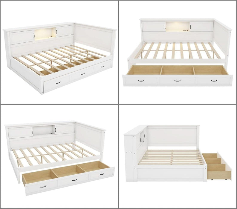 Full Size Corner Bed Frames with Storage Drawers, USB Port, Led Downlight Headboard & Bookcase, Wooden L-Shaped Captain Daybed for Small Room, Bedroom, Guest Room, Kids'Room, White