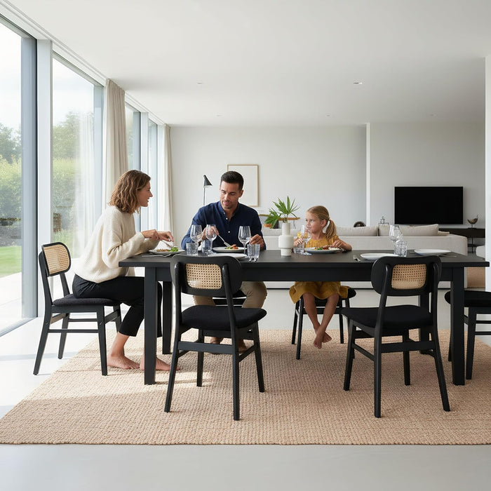 Black Rattan Dining Chairs Set of 4 Lambswool Dining Room Chairs Natural Wooden Kitchen Chairs Farmhouse Boho
