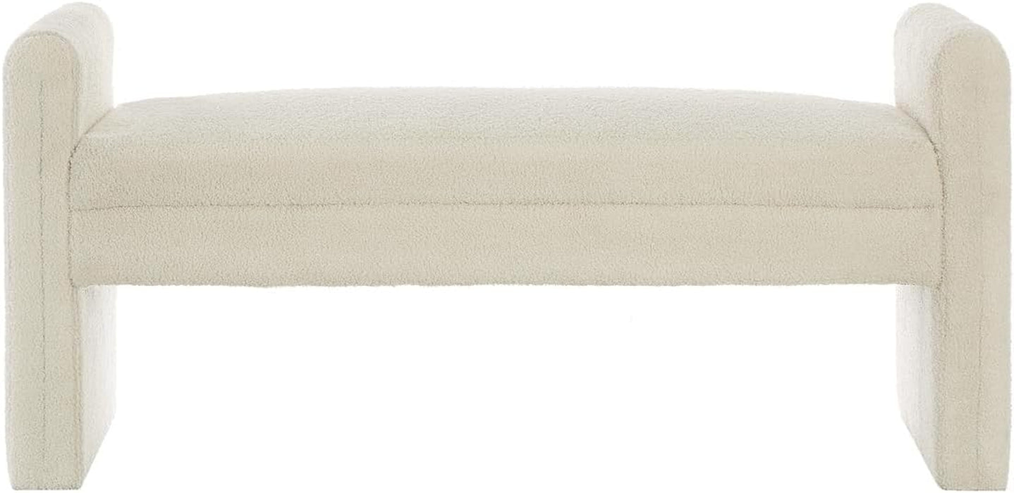 Modern Upholstered Bed Bench Covered with Soft Boucle Teddy Fabric, Lovely Entryway Bench Ottoman with Armrest,5062-Cream