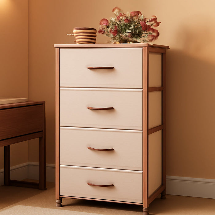 4 Drawers Dresser for Bedroom, Pink Rose Gold Fabric Clothes Storage Organizer Unit, Dresser for Hallway, Entryway, Closets, Sturdy Steel Frame, Wood Top