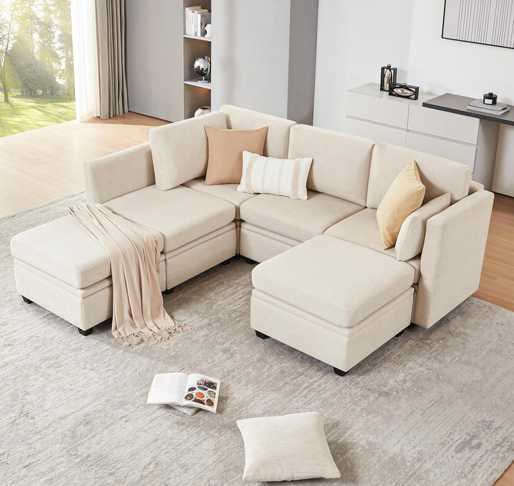 Modular Sectional Sofa with Storage, U Shaped Sectional Couch for Living Room, Convertible Modular Sofa Couch with Ottomans, High Supportive & Soft Sponge, 6 Seat, Beige