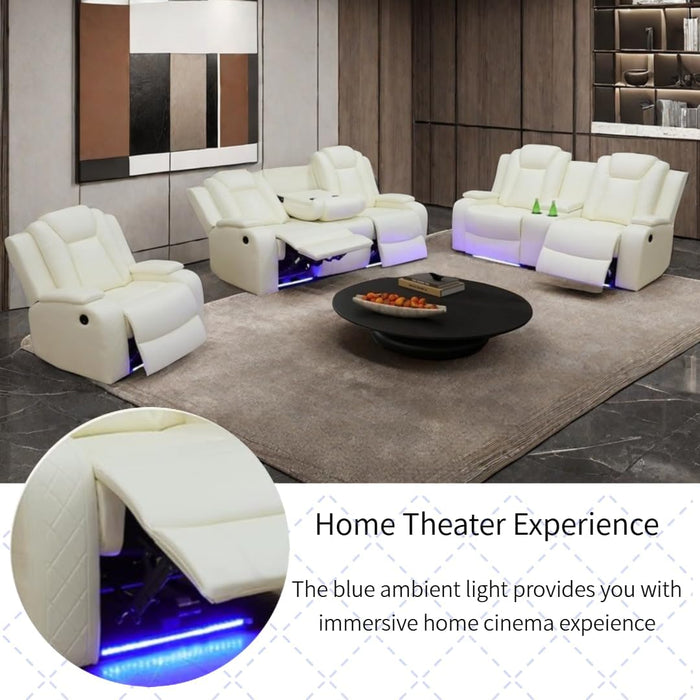 Power Recliner Set with LED Lights, Air Leather Reclining Set with USB Port/Wireless Charger/Storage Console/Cup Holder for House/Hometheater/Apt (Ivory White, Sofa Loveseat Chair)