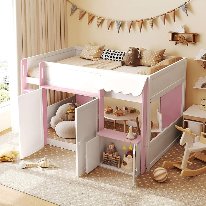 Full Size Loft Bed With Playhouse Cabinets