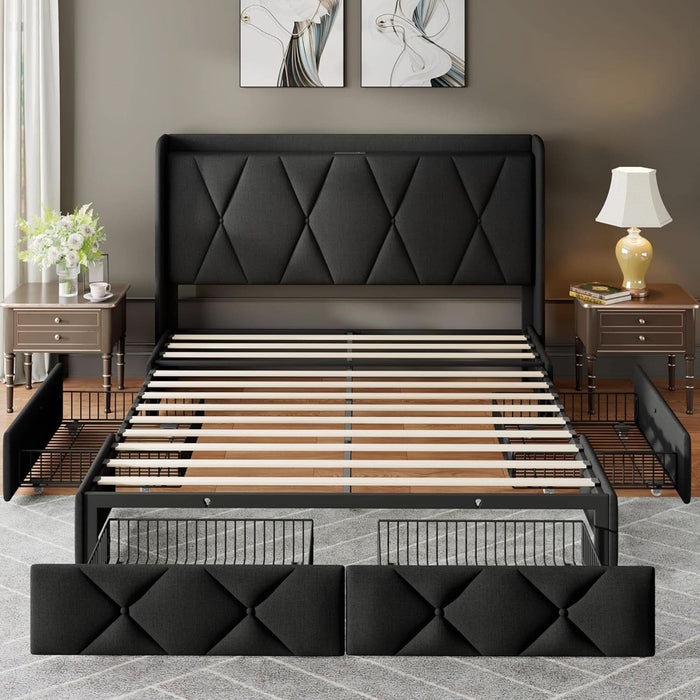 Full Size Bed Frame with 4 Storage Drawers, Upholstered Platform Bed with Charging Station, Wingback Storage Headboard, Wooden Slats Support, No Box Spring Needed, Easy-Assembly, Black