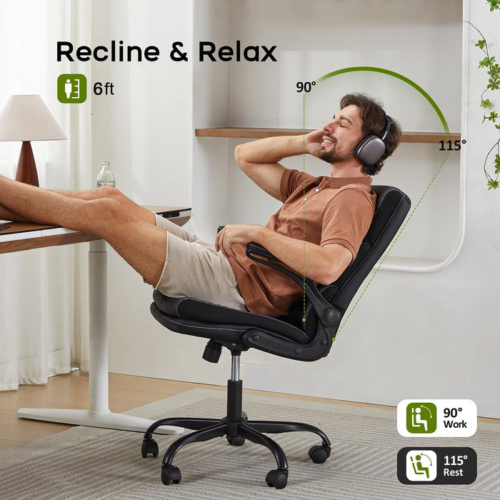 Office Chair Adjustable Desk Chair Mid Back Executive Comfortable Bonded Leather Ergonomic Back Support Home Computer Chair with Padded Flip-Up Armrest Swivel Wheels (White)