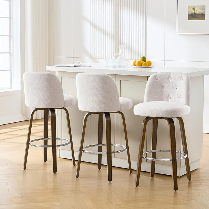Bar Stools Set of 3, 26" Counter Height Swivel Bar Stools with Back, Walnut Bent Wood Legs, Linen Fabric Upholstered Counter Stools, Modern Counter Chairs Bar Stool for Kitchen Island, White