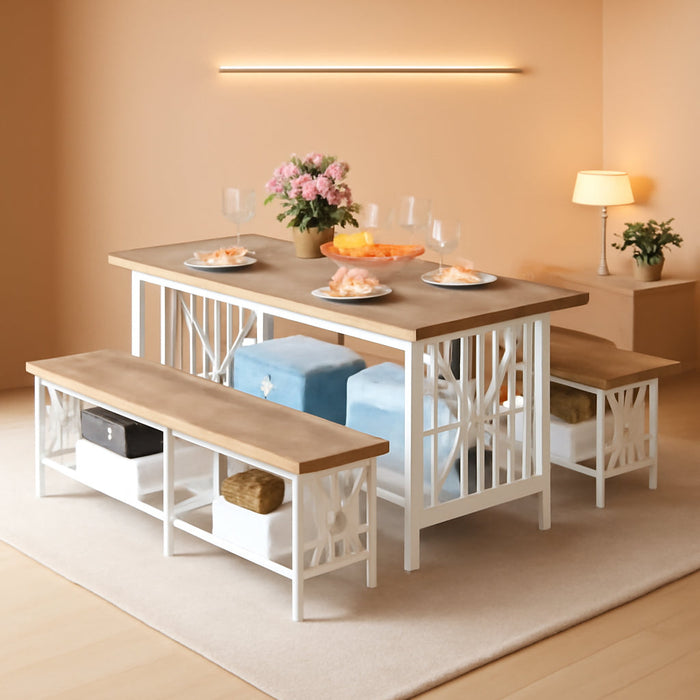 3-Piece Dining Table Set for 4-6 People, 63" Dining Room Table with 2 Benches, Industrial Rectangular Dining Room Table Set with Storage for Kitchen, Dining Room, Washed Grey