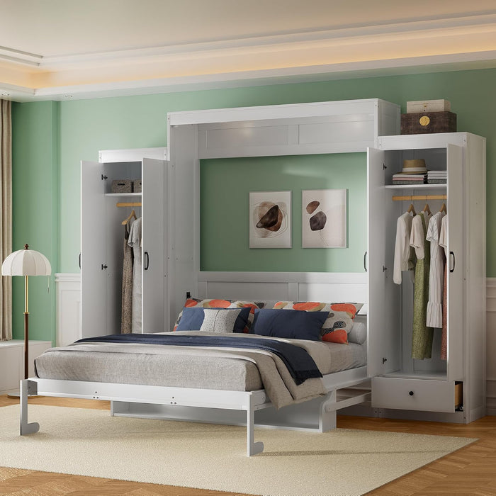 Queen Size Murphy Bed with Desk & One Slide Storage Shelf & 68-Inch Wall Bedframe Folding into Cabinet Design,For Small Space,Bedroom,Guest Room, White