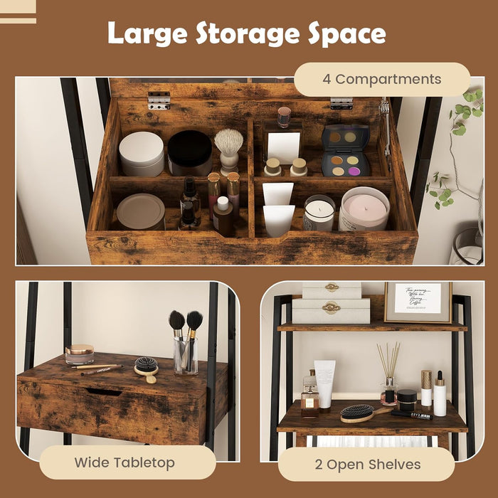Ladder Vanity Desk Set - Makeup Vanity Table with Flip Top Mirror, Cushioned Stool, 4 Storage Compartments, Open Shelves, Girls Dressing Table for Small Space (Rustic Brown & Black)
