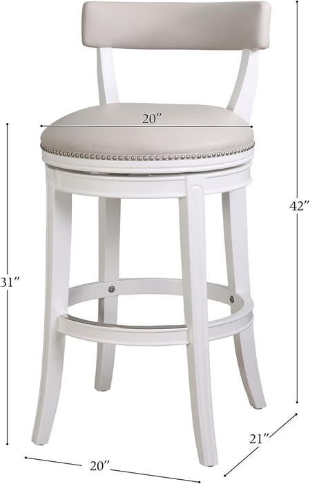 Pasha 31" Bar Stool, White Wood with Gray Faux Leather Seat and Back