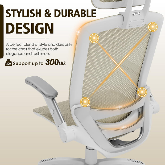 Ergonomic Office Chair, High Back Home Desk Chair with Headrest, Flip-Up Arms, 90-120° Tilt Lock and Wide Cushion, 300LBS Mesh Chairs for Man Woman, White Task Chair(Beige,Gy01Wbg)