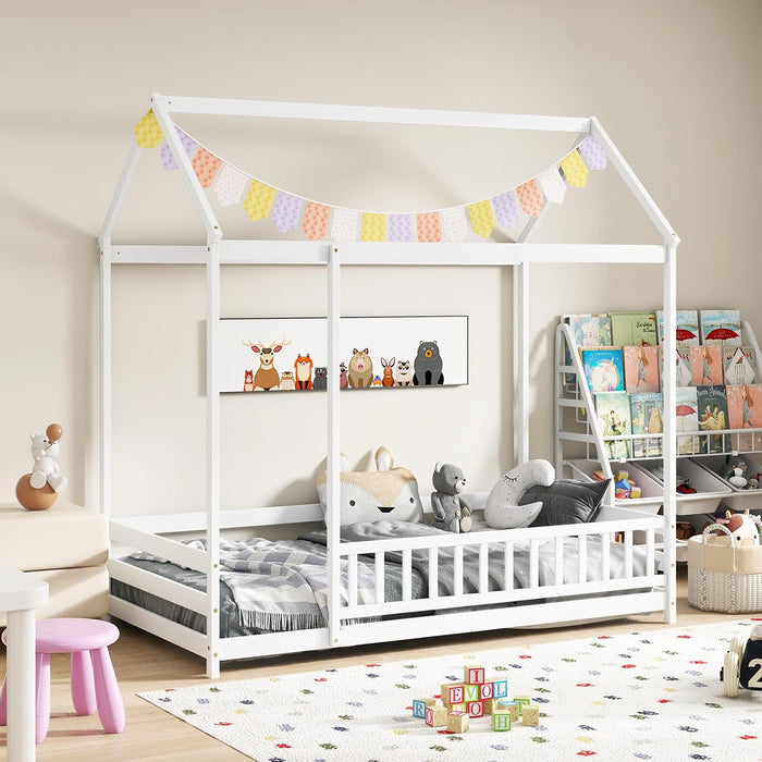 Twin SolidPine Montessori Floorbed White With Roof