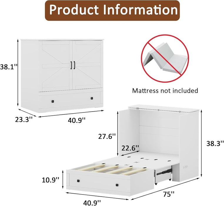 Murphy Bed with Built-In Charging Station, Space-Saving Murphy Bed Chest Twin with Drawer, Foldable, for Home Office Guest Room Bedroom White