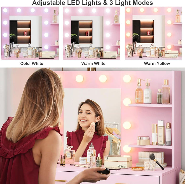 61" Make up Vanity Desk with Mirror and Lights, Pink Vanity with 8 Wide Storage Drawers & 2 Tier Shelves, 3 Lighting Modes with Adjustable Brightness for Bedroom