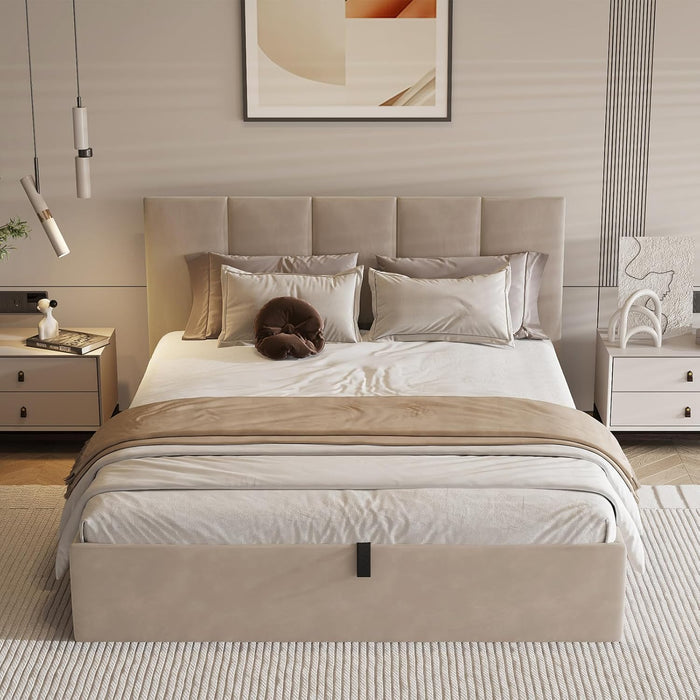 Queen Size Lift-Up Hydraulic Storage Bed, Beige Linen Upholstered Platform Bed with Vertical Channel Headboard, Wooden Slat Support, No Box Spring Needed, Easy Assembly