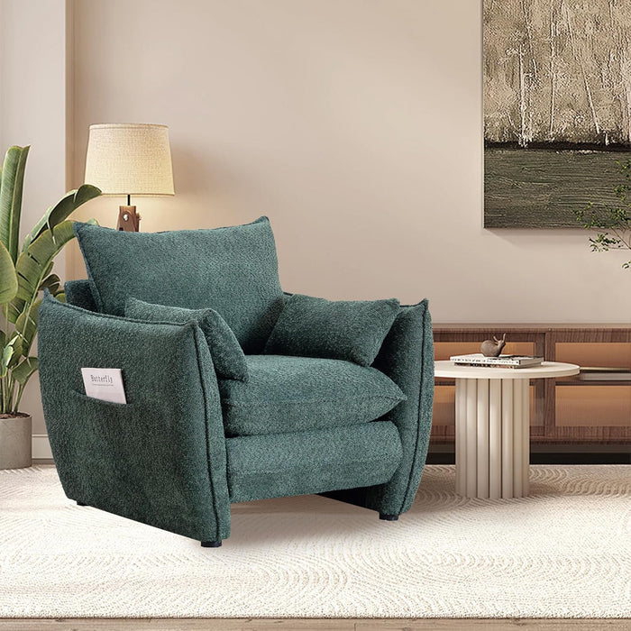 Chenille Oversized Accent Chairs, Modern Oversized Armchair with Removable Pillow, Comfy Living Room Chair with Side Pocket Storage for Bedroom, Office, Green