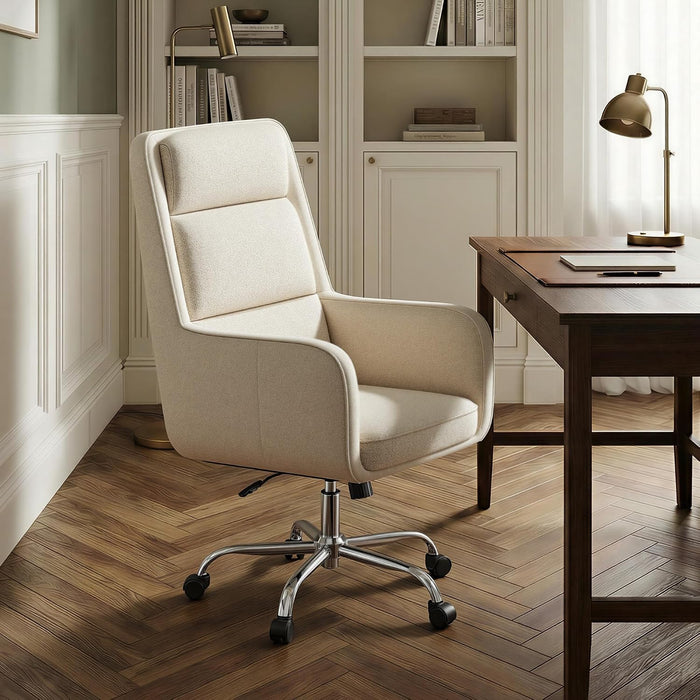 Cocoon Modern Executive High Back Home Office Chair, Upholstered Desk Chair with Wheels, Vanity Chair with Head and Lumbar Support, Armrest (Beige)