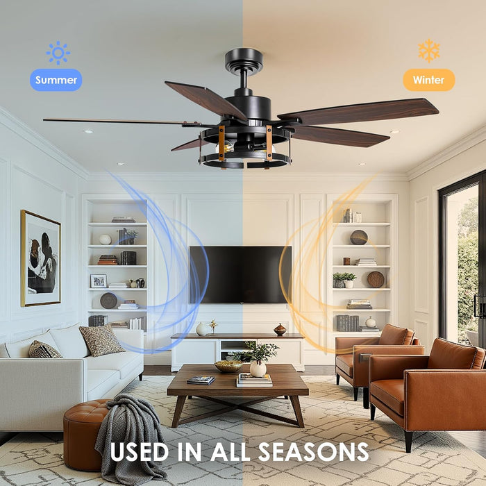52 Inch Ceiling Fan with Light and Remote Control, Farmhouse Ceiling Fans with LED Lighting for Indoor and Outdoor, Black Caged Ceiling Fan for Bedroom Living Room and Garage