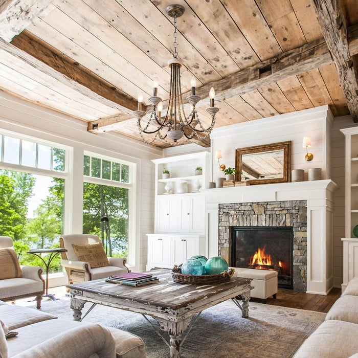 French Country Chandelier 20 Inch Whitewashed Wood