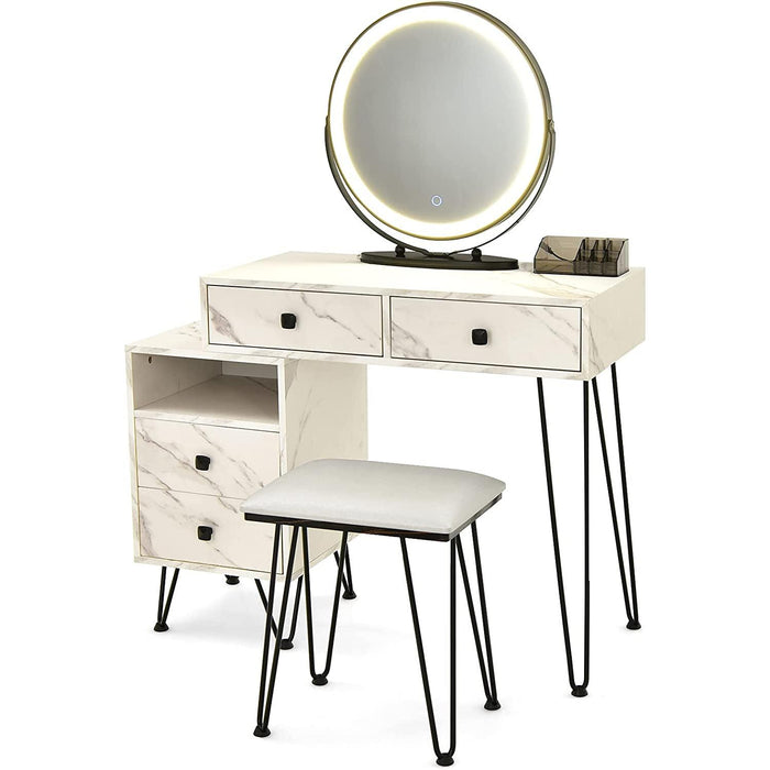Vanity Set with Lighted Mirror, Left or Right Side Cabinet (Marble White)