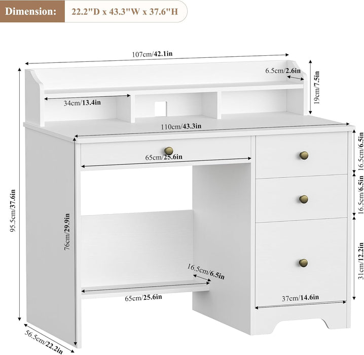Computer Desk with Drawers and Hutch Shelf, Wood Executive Desk Writing Study Table with 43” Wide Tabletop, Small Desk with File Drawer for Home Office Bedroom, White