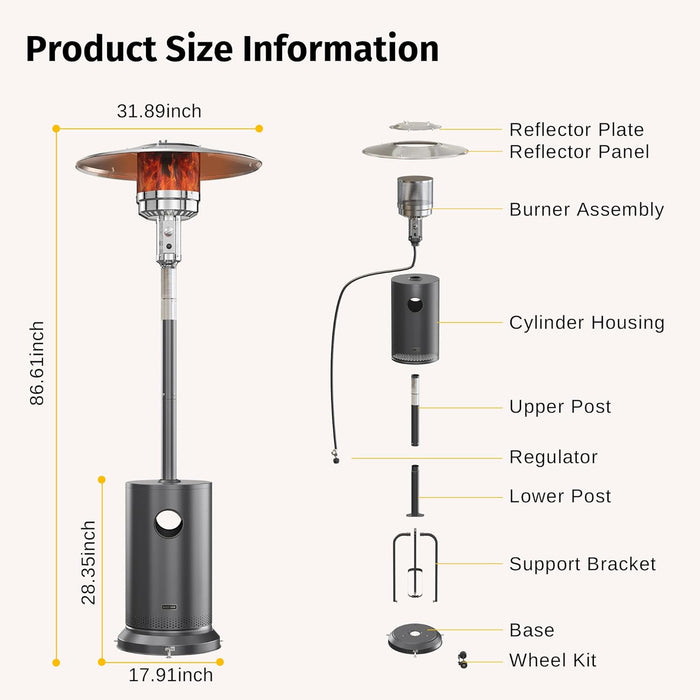 55,000 BTU Propane Patio Heater with round Table & Stainless Steel Burner, Outdoor Heater with Wheels, Ideal for Large Patios, Gardens, Outdoor Events, Commercial Use, Carbon Black