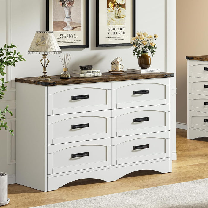 47" Farmhouse 6-Drawer Dresser for Bedroom, Pure White + Walnut