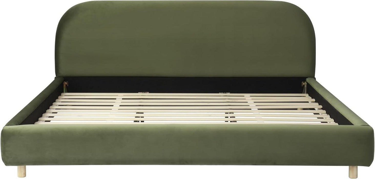 King Size Teddy Fleece Thick Fabric Upholstered Platform Bed with Curved Shaped Headboard, Wood Bed Frame with Solid round Legs for Kids Teens Adults, Olive Green