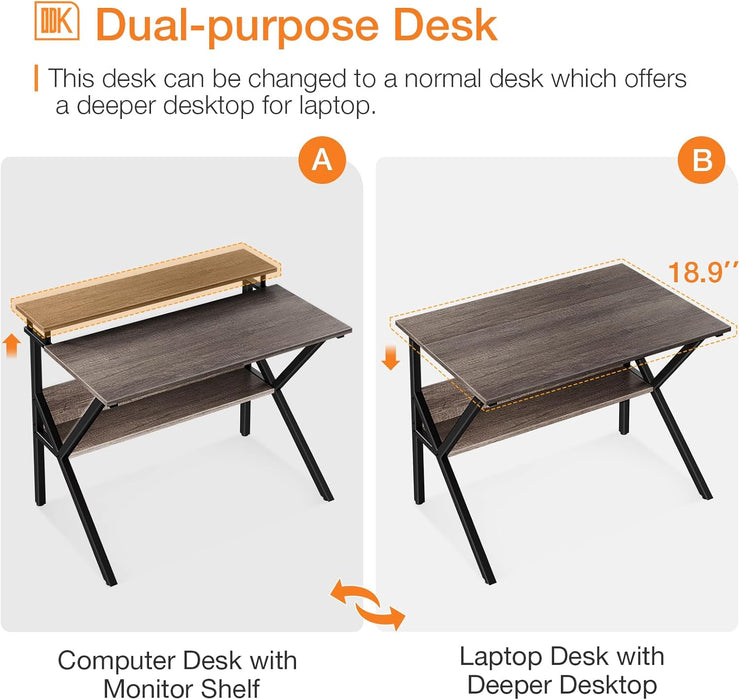 Small Desk, 27.5 Inch Small Computer Desk for Small Spaces, Compact Desk with Storage, Tiny Desk Study Desk with Monitor Stand for Home Office, Grey