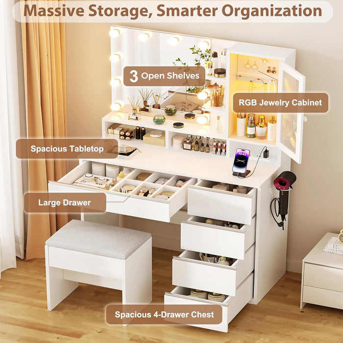 Vanity Desk with LED Lights Mirror, 35.43" Modern Makeup Table with 6 Storage Drawers & Stool for Ladies and Girls, RGB Light Makeup Desk with Power Outlet for Bedroom Dressing Room, White
