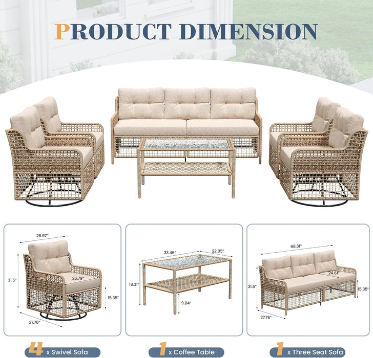 Outdoor Patio Furniture Set round Rattan with Swivel Chairs,Beige