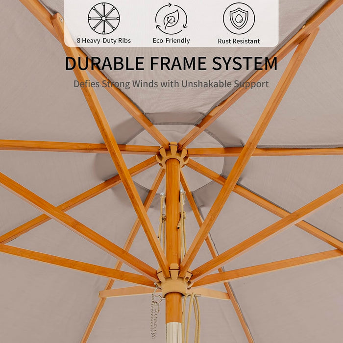 9FT/10FT Bamboo Patio Umbrella, Large Outdoor Umbrella with UPF 50+ Sun Protection, Rope Pulley Lift & Push-Button Tilt, 8-Rib Ventilated Canopy for Garden, Deck, Backyard & Outdoor Dining