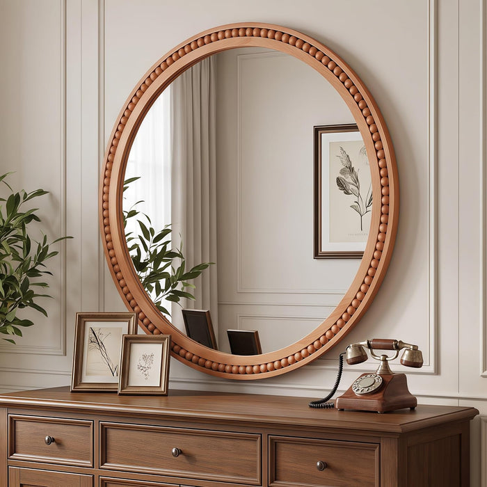 30 Inch round Wall Mirror with Beaded Solid Wood Frame, Decorative Wall Mirror with Tempered Glass, Farmhouse Home Decor for Bathroom, Living Room, Entryway, Yellowish Brown