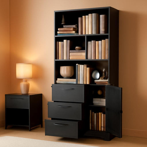 Bookshelf with Drawers, 70.9 Inch Tall Bookcase with Doors, Bookshelves and Bookcases with Storage, Bookshelf with 6 Open Cubes for Home Office, Living Room, Study, Black