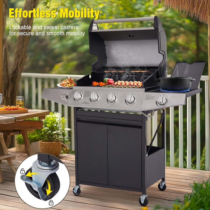 4-Burner Propane Gas Grill with Side Burner, Portable BBQ Grills with Oil Tray and Built-In Thermometer for Outdoor Barbecue, Camping, Patio, Backyard, 49,000 BTU