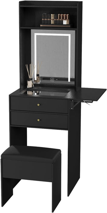 Small Vanity Desk Set with 3 Adjustable Lighted Mirror and Storage Chair Mini Black Makeup Vanities Set for Bedroom Compact Make up Dressing Table with Fold-Up Panel for Tiny Space