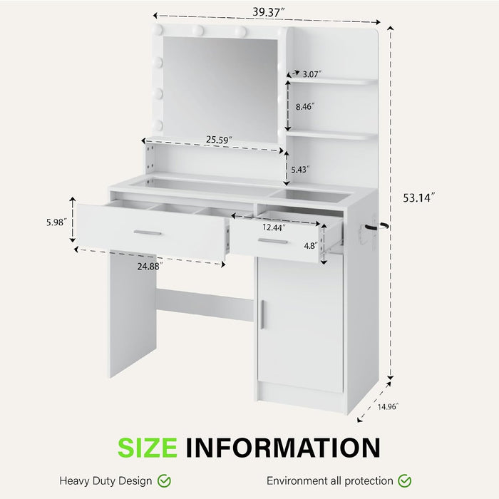 White Vanity Desk with Mirror & RGB Lights - Adjustable Brightness, Glass Top, Built-In Power Outlet, Multi-Storage Makeup Dressing Table for Bedroom