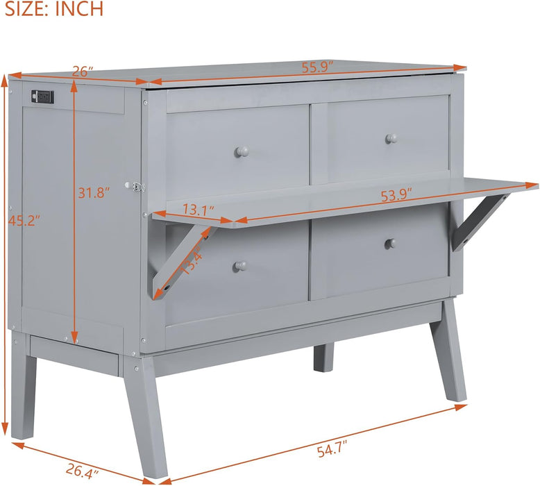 Full Size Murphy Bed with USB Port, Desk and Removable Shelves on Each Side, Full Platform Bed Wood Frame, for Guest Room Home Office - Gray