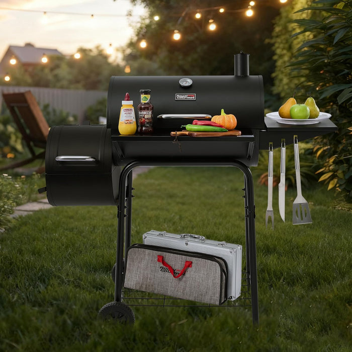 CC1624S Barrel Charcoal Grill with Offset Smoker, 552 Sq. In. Cooking Area, Steel Front Shelf, Steel Side Shelf with Hooks, Charcoal Grill for Outdoor Grilling, Black