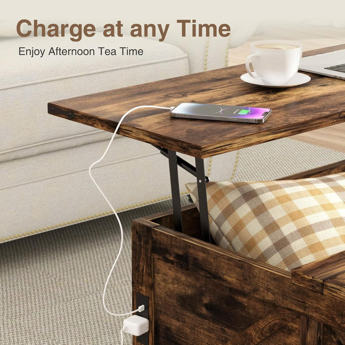 Coffee Table with Hidden Storage, 35.4" W Farmhouse Lift Top Wood Square Center Table with Charging Station, Rustic Cocktail Tables with Flip Top Lids for Living Room, Home Office, Rustic Brown