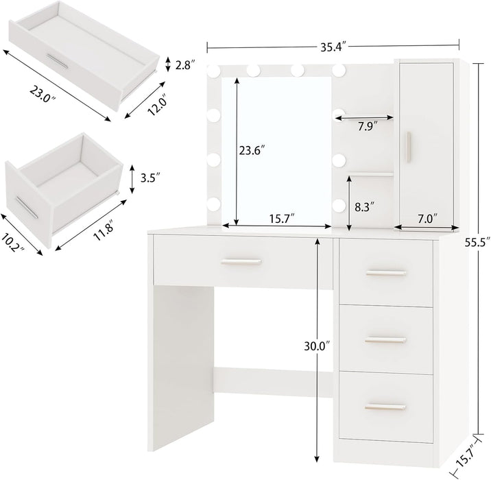 Makeup Vanity with Lights, Vanity Desk with Mirror and 10 LED Lights, White Table with 4 Drawers, Cabinet & 4 Necklace Hooks, Dressing Table for Bedroom,Grils Vanity, White
