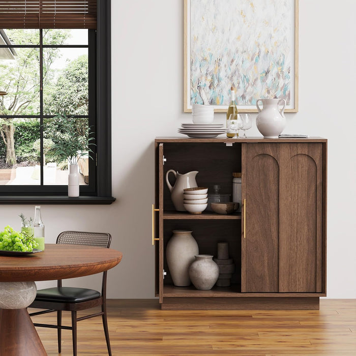 31.5" Sideboard Buffet Cabinet with Storage, Walnut | Modular Media Console, Mid Century Modern Credenza with Arched Doors for Living Room Kitchen Dining Room Entryway
