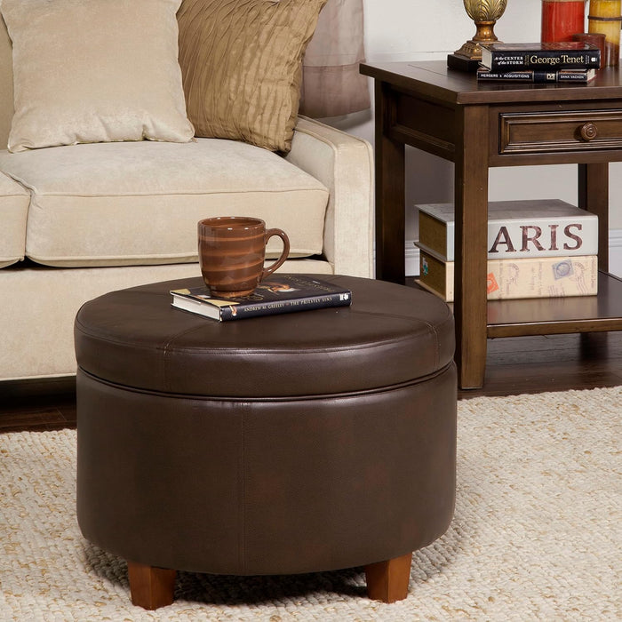 round Leatherette Storage Ottoman with Lid, Chocolate Brown Large