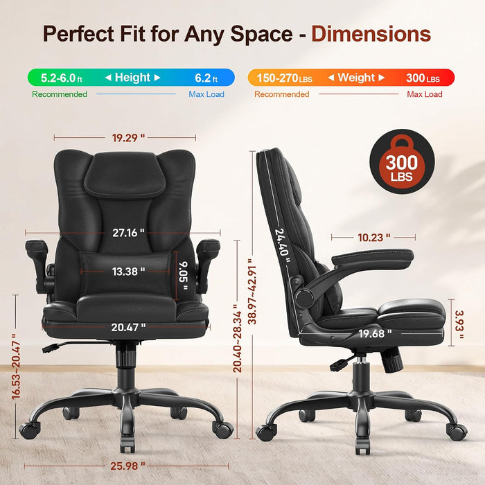 Ergonomic Office Chair Leather Desk Chair with Lumbar Support Flip up Arms