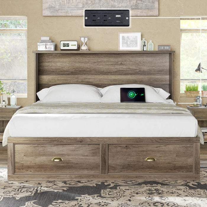 Full Size Murphy Bed, Farmhouse Wooden Cabinet with Charging Station and Storage Drawer for Bedroom/Office/Guest Room, Grey Oak