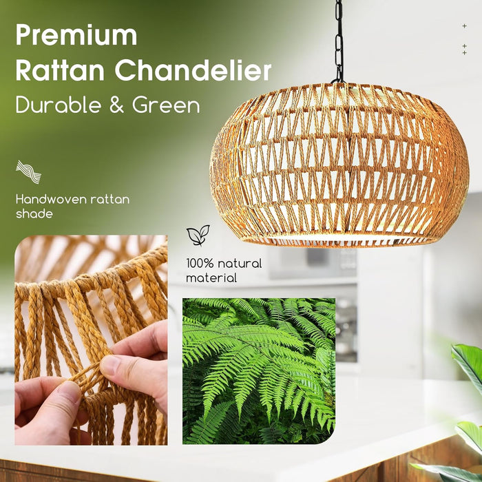 19 Inch Natural Rattan Chandelier Bohemian Farmhouse