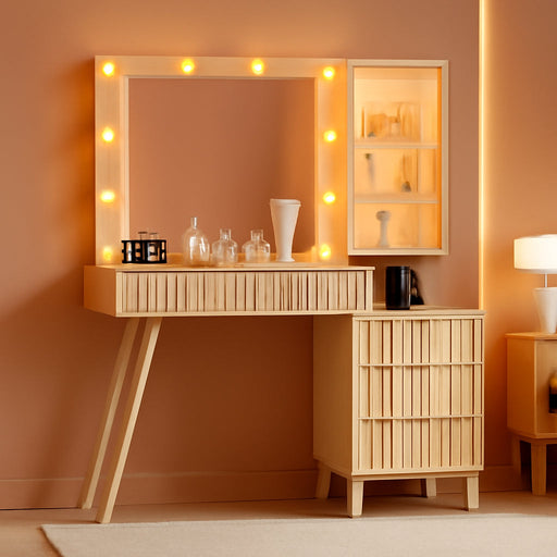 Fluted Vanity Desk with Mirror and Lights, 45" Glass Top Makeup Table Set with 5 Drawers, Power Outlet & Storage Cabinet, Large Dressing Table with RGB Ambient Light for Bedroom Women Girls, Oak