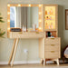 Fluted Vanity Desk with Mirror and Lights, 45" Glass Top Makeup Table Set with 5 Drawers, Power Outlet & Storage Cabinet, Large Dressing Table with RGB Ambient Light for Bedroom Women Girls, Oak