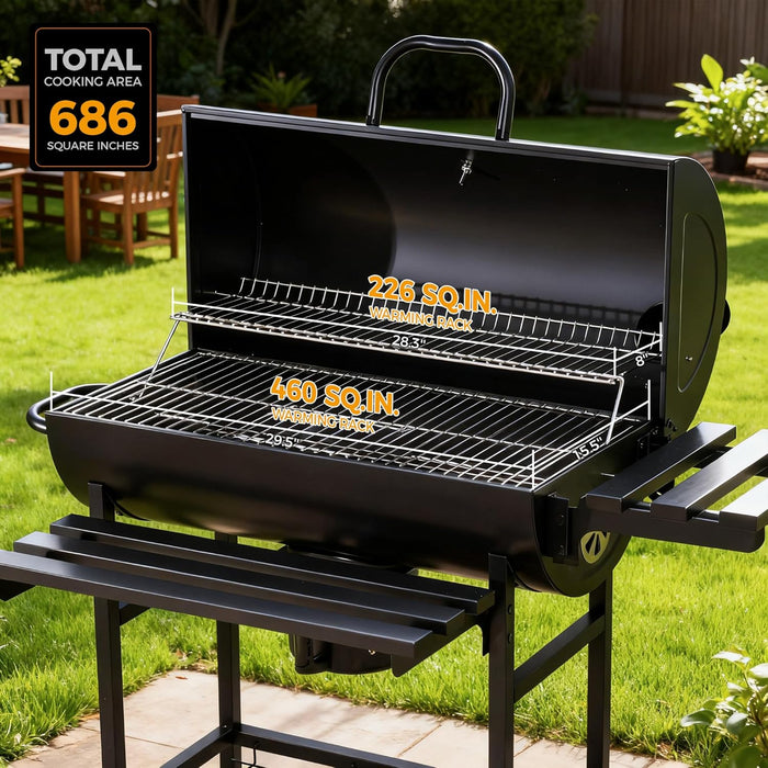 Barrel Charcoal Grill with Foldable Front Shelf, 686 Sq.In. Cooking Area Outdoor Bbq Grill,Thermometer and Adjustable Air Vents for Patio, Parties,Backyard, Tailgating, Black